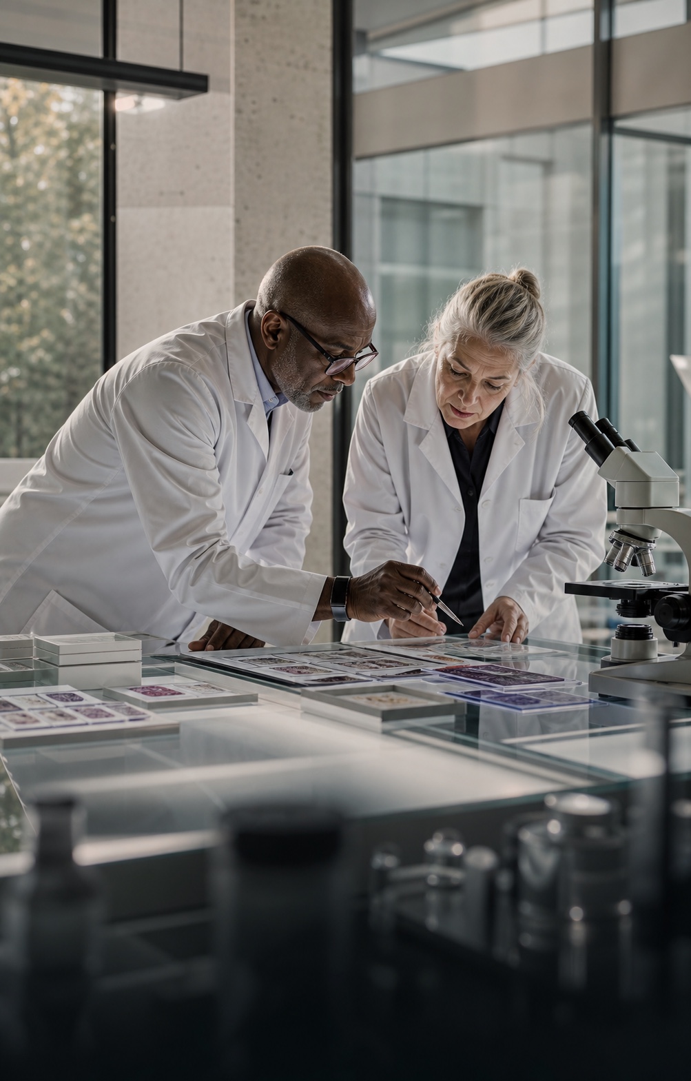 Medical researchers examining microscopy specimens in a modern laboratory